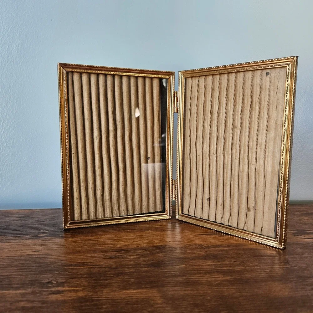 Vintage Gold Tone Metal Folding Double Picture Frame Ornate Floral Embossed 8x10